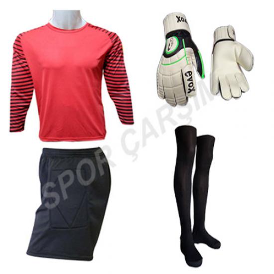 Evox Profesyonel Kaleci Forma,Kaleci Şortu,Lüx Futbol Çorabı,Kaleci Eldiveni Seti-Kırmızı Çocuk-Yetişkin Boy