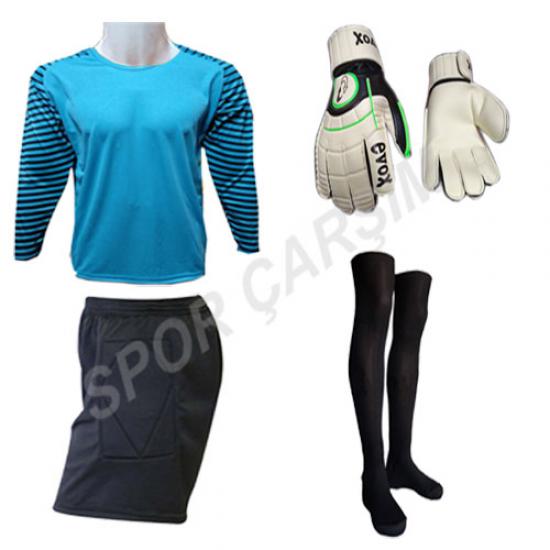 Evox Profesyonel Kaleci Forma,Kaleci Şortu,Lüx Futbol Çorabı,Kaleci Eldiveni Seti -Mavi Çocuk-Yetişkin Boy