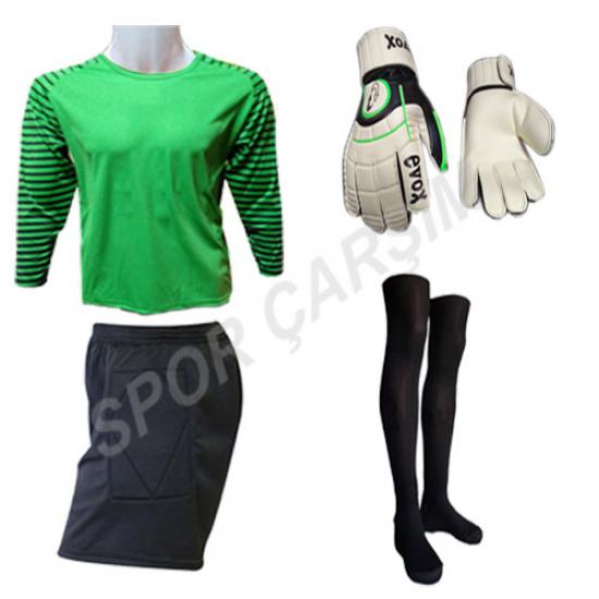Evox Profesyonel Kaleci Forma,Kaleci Şortu,Lüx Futbol Çorabı,Kaleci Eldiveni Seti -Yeşil Çocuk-Yetişkin Boy